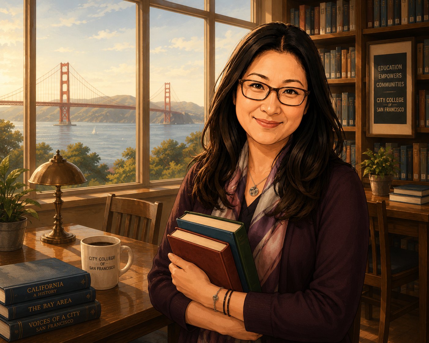 Illustrated portrait of Joy Kim in a library with the Golden Gate Bridge visible through the window